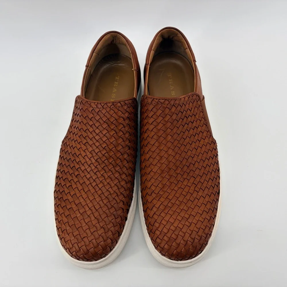 Trask Riley Tan Woven Leather Slip On Sneaker 10.5 M Brown Braided Mens 30-1966